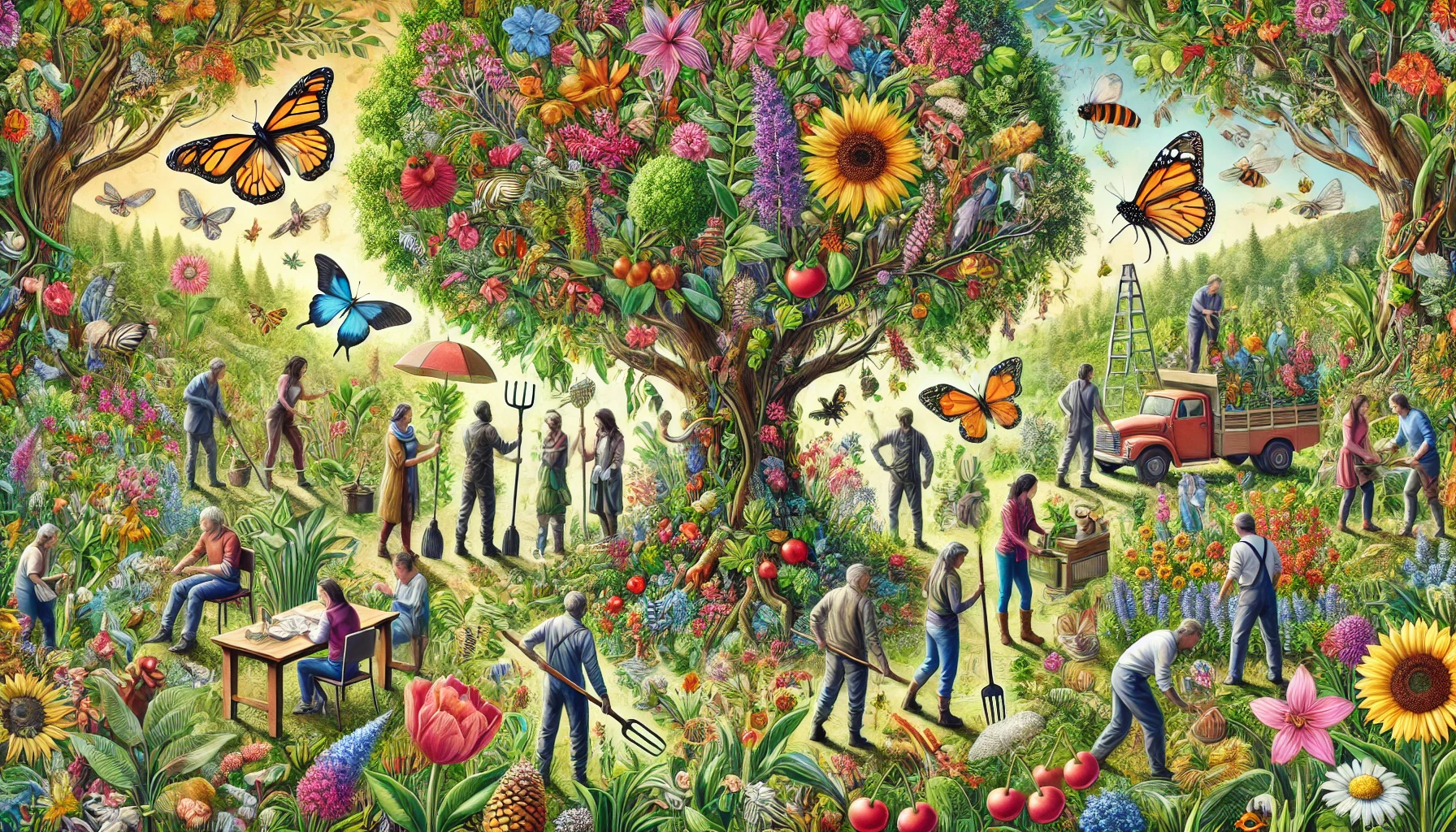 Picture showing a community of people caring for a thriving natural ecosystem.